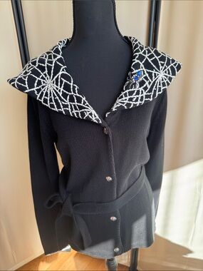 Michael Simon Black Knit Cardigan with White Contrast Collar,size M